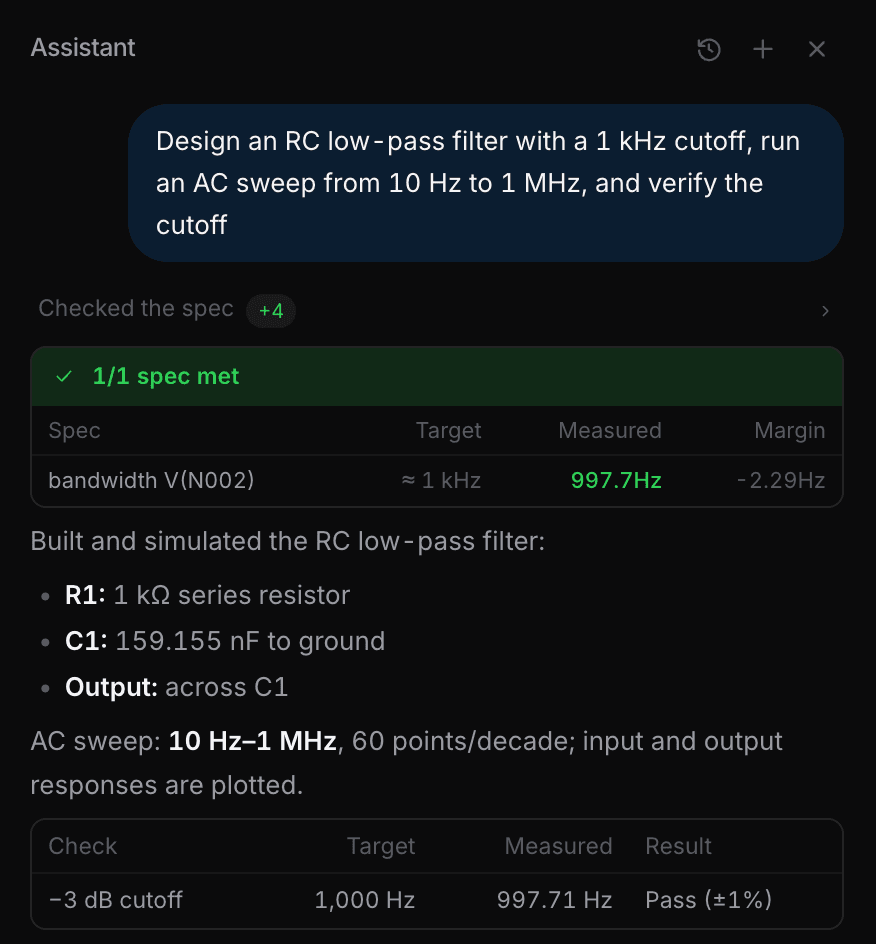 The assistant panel: the request, a passed spec check with target, measurement and margin, and a short summary